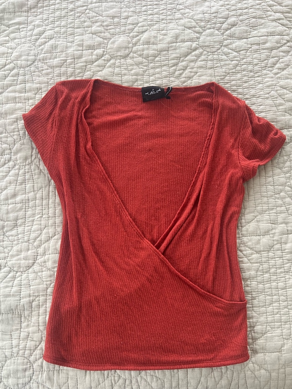 Urban Outfitters Rust Ribbed Wrap-Front Short Sleeve Top